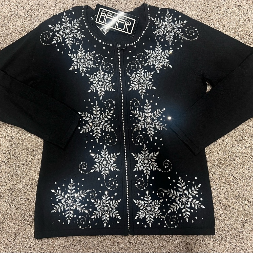 Berek Black Cardigan with Silver Snowflake Embellishments size small